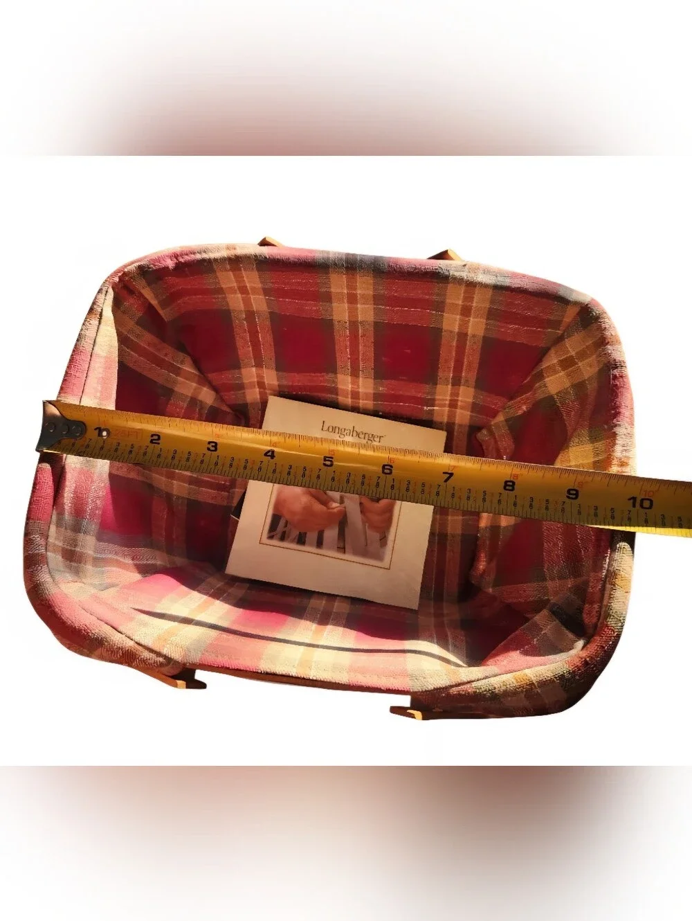 Longaberger Brown Woven Basket with Red Plaid Liner